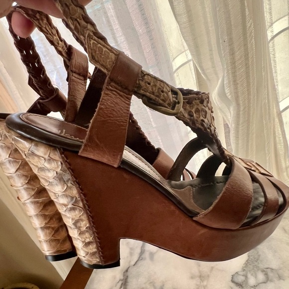 HENRY BEGUELIN cognac leather and snakeskin wedge slingback heels 38.5 - Picture 7 of 11